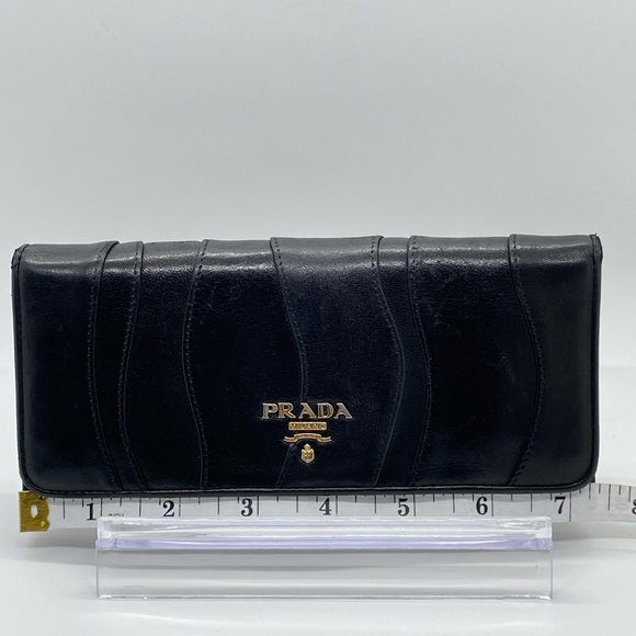 PRADA Black/Nero Nappa Leather Long Wallet stitched wave design - Picture 12 of 13